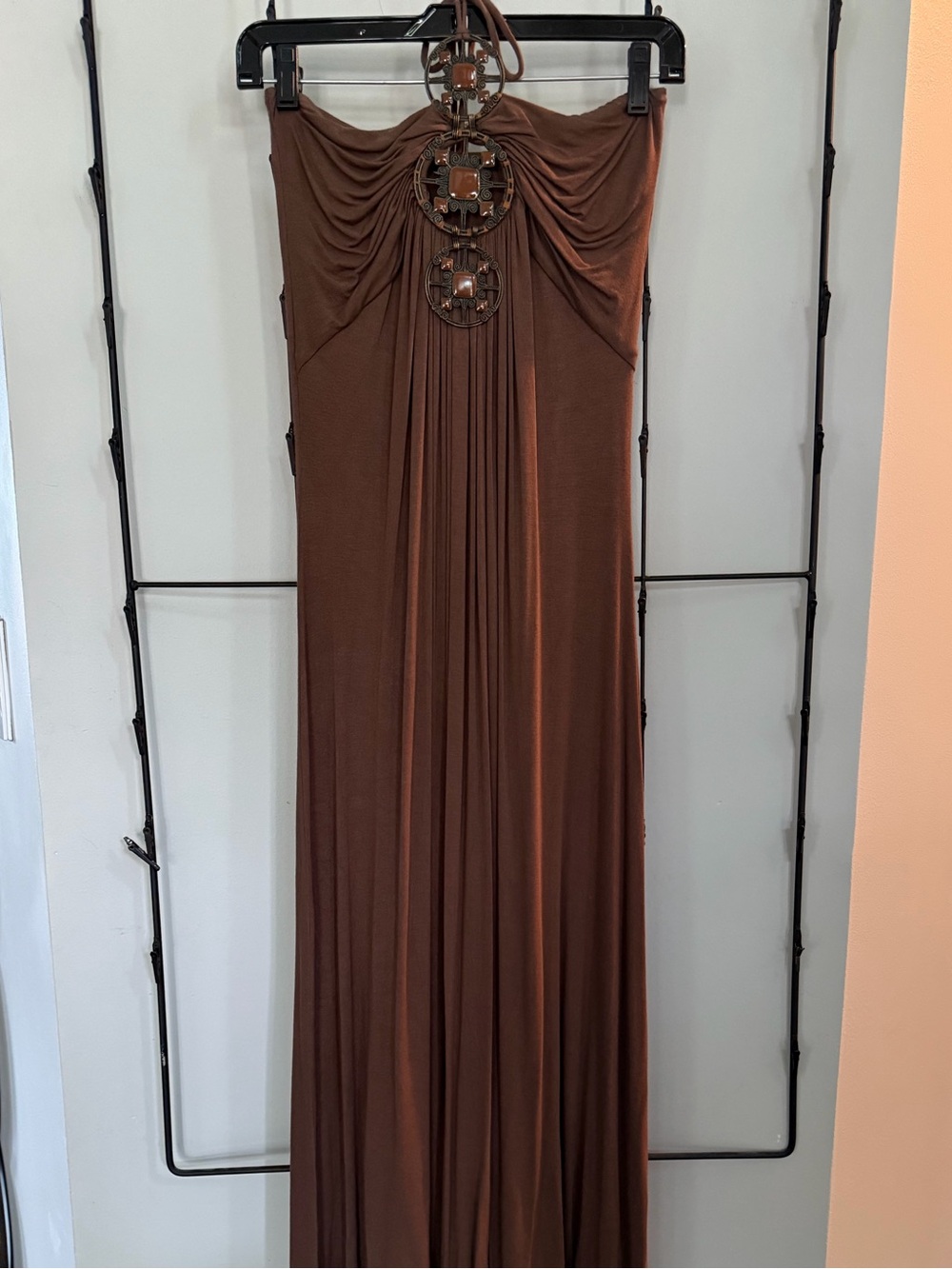 Sky Strapless Brown Maxi Dress with Embellished Neckline